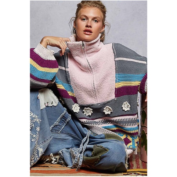 POL Color Block Chenille Half Zip Balloon Sleeve Patch Detail Sweater - Picture 1 of 5